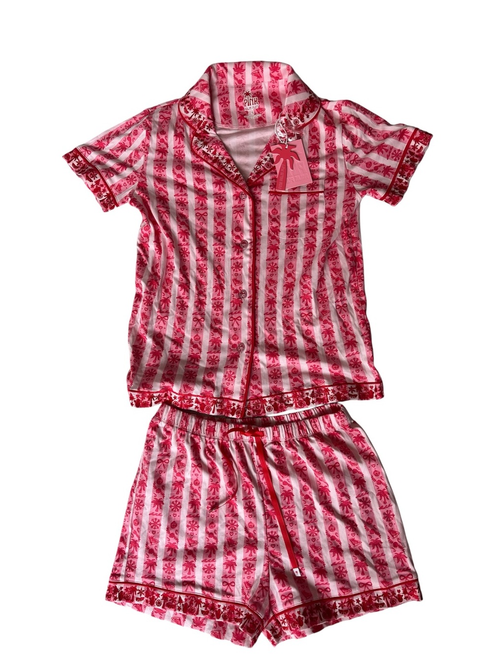 NWT PINK PALM PUFF PAJAMAS CRANBERRY HOLIDAY BOW SET SMALL WOMENS SUPIMA COTTON